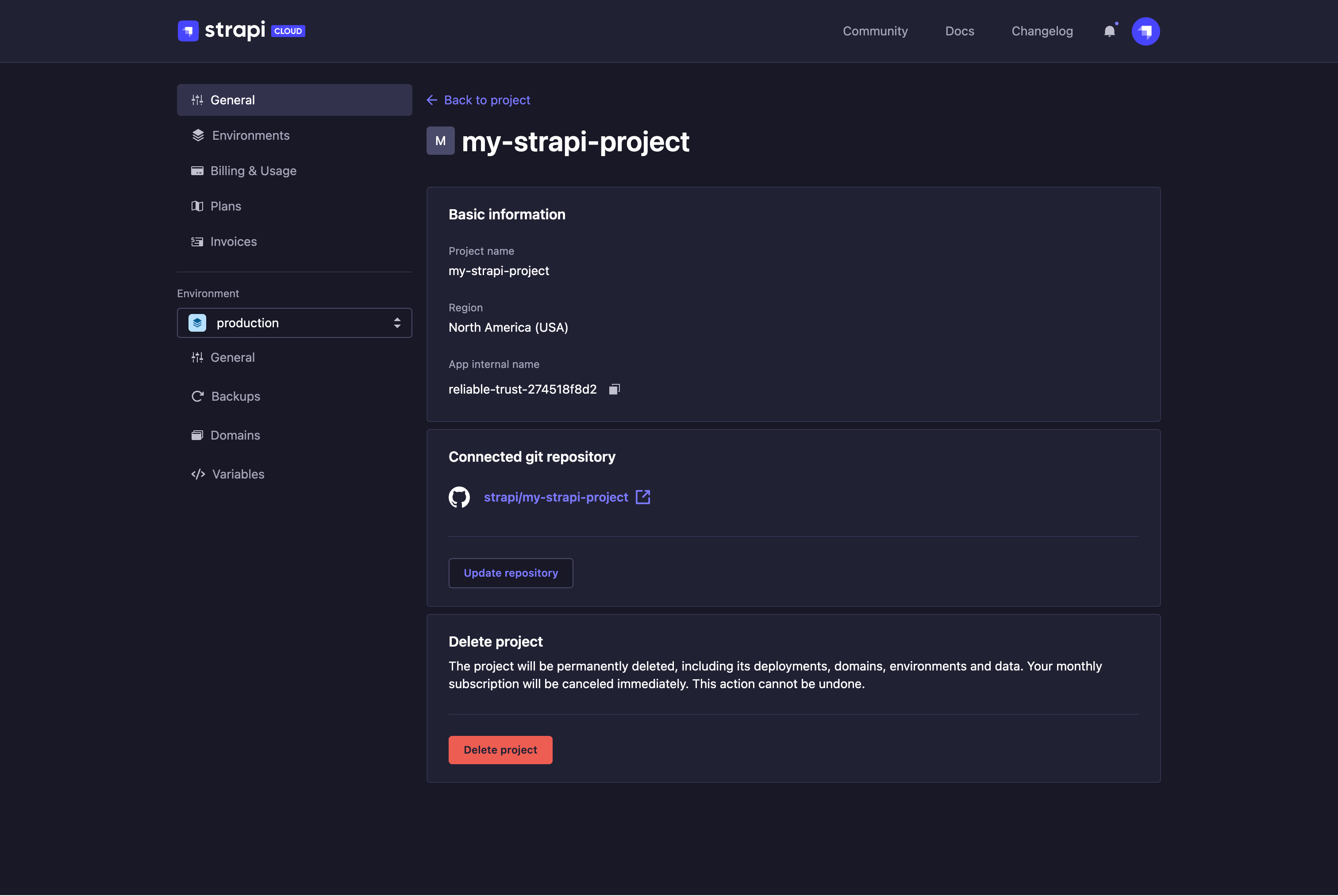 Project settings page